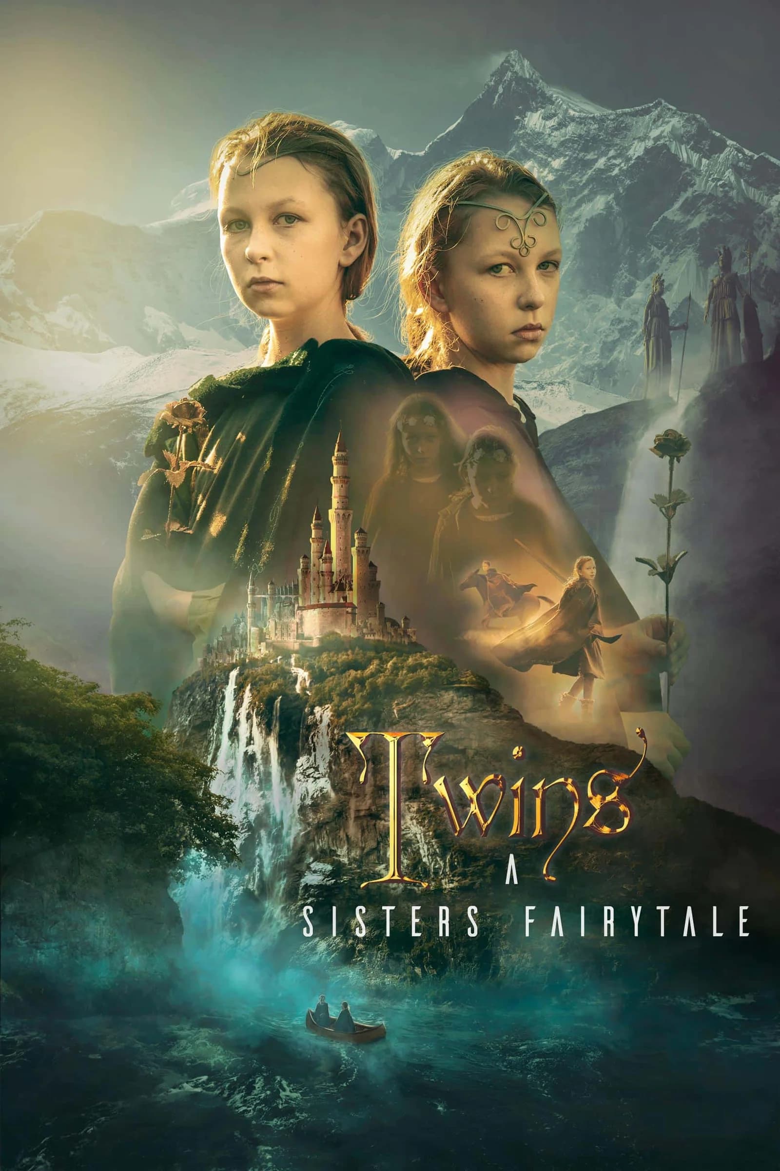 Zwei Mädchen als Fantasy-Motiv mit Bergkulisse, Märchenschloss und mystischen Wächtern, aufwendige Bildkomposition im Stil eines Filmplakats
