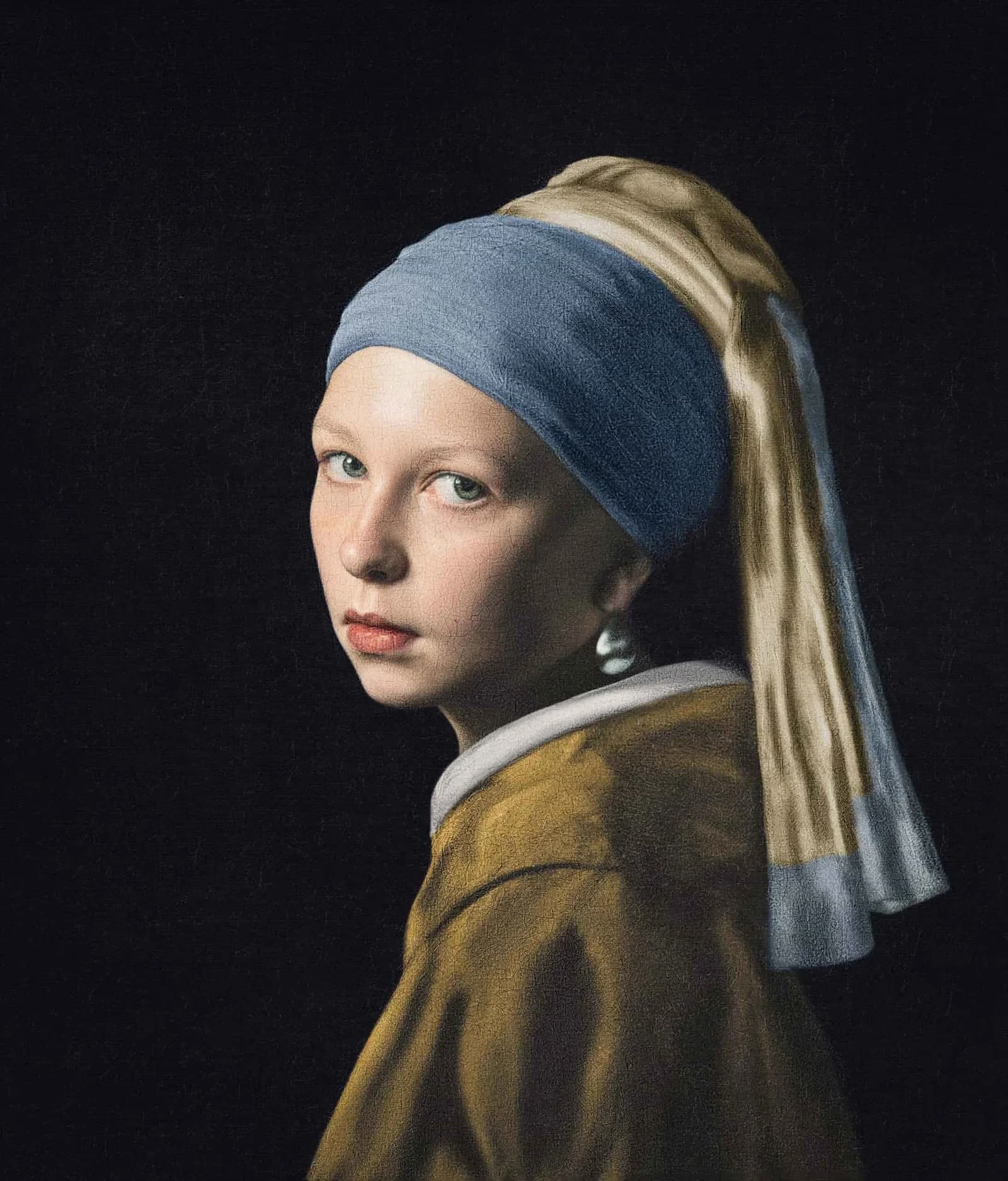 Mädchen mit blauem Kopftuch und Perlenohrring, Hommage an Vermeers berühmtes Gemälde, Fine-Art-Kinderfotografie Essen